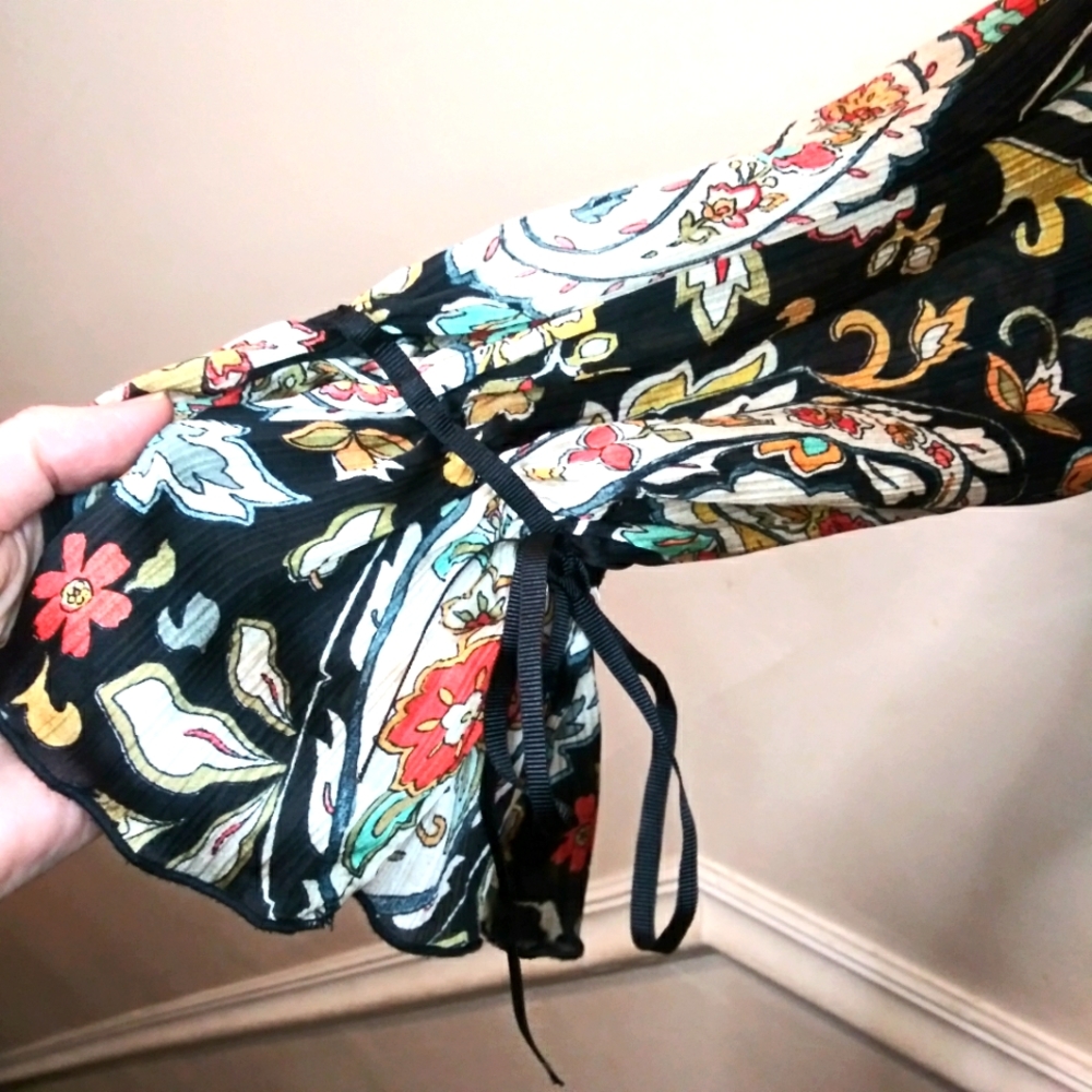 Zara Black, Rust, Ivory & Turquoise Boho Paisley Floral Cropped Gauzy Blouse - Picture 7 of 12